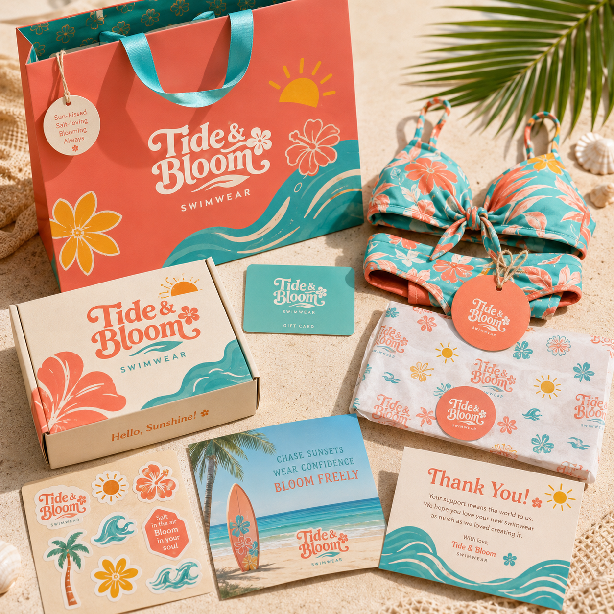 Tide and Bloom swimwear packaging brand collateral